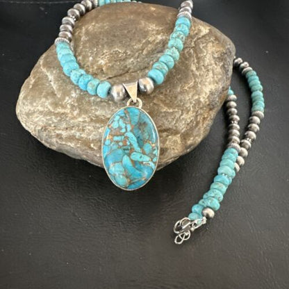 Navajo Blue Mojave Turquoise Pendant | Sterling Silver Pearl Necklace | Authentic Native American Handmade | 17079