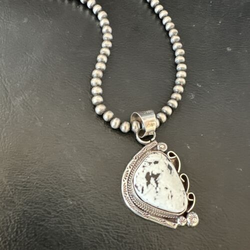 Navajo White Buffalo Turquoise Pendant Necklace | Sterling Silver Pearls | Authentic Native American | 17111