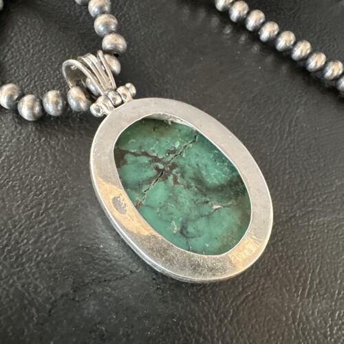 Navajo Blue Spiderweb Turquoise Pendant | Sterling Silver Pearls Necklace | Authentic Native American Handmade | 15570