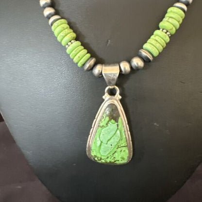 Navajo Green Gaspeite Pendant Necklace | Sterling Silver | Authentic Native American Handmade | 10979