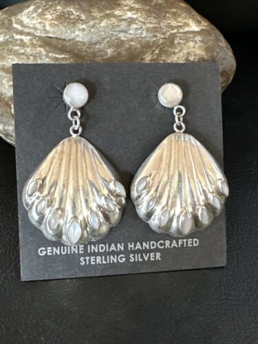 Navajo Pink Mother of Pearl Dangle Inlay Earrings | Sterling Silver | Authentic Native American Handmade | 15305