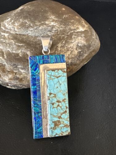 Men's Women's Blue #8 Turquoise Opal Inlay Pendant | Navajo Sterling Silver | 15198