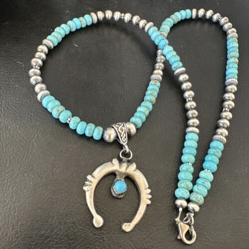 Navajo Blue Turquoise Naja Pendant Necklace | Sterling Silver | Authentic Native American Handmade | 17250 - Masha USA