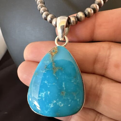 Navajo Blue Kingman Turquoise Pendant Necklace | Sterling Silver | 20" | Authentic Native American Handmade | 16671