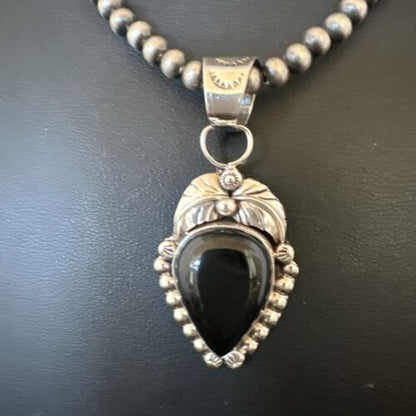 Navajo Pearls Black Onyx Necklace Pendant | Sterling Silver | Authentic Native American Handmade | 16529
