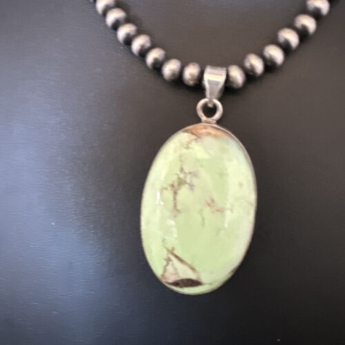 Navajo Green Gaspeite Pendant Necklace | Sterling Silver | Authentic Native American Handmade | 15487