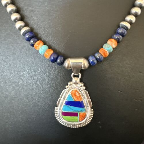 Navajo Lapis Spiny Oyster Turquoise Inlay Pendant Necklace | Sterling Silver | 21" | Authentic Native American Handmade | 16628