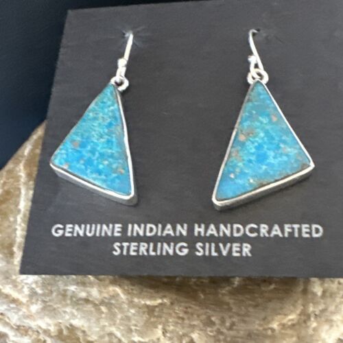 Navajo Blue Turquoise Dangle Earrings | Sterling Silver | 1" | Authentic Native American Handmade | 15801