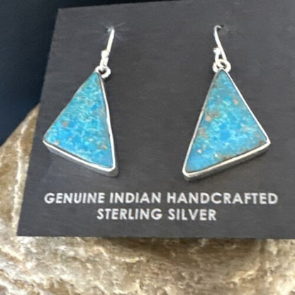 Navajo Blue Turquoise Dangle Earrings | Sterling Silver | 1" | Authentic Native American Handmade | 15801