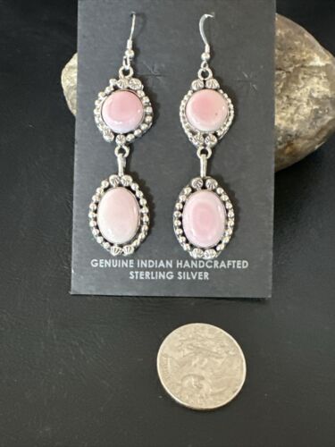 Navajo Pink Conch Shell Dangle Earrings | Sterling Silver | Authentic Native American Handmade | 17199