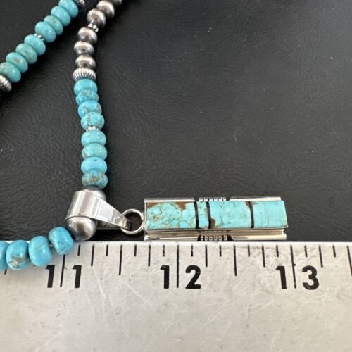 Turquoise #8 Inlay Pendant Necklace | Navajo Sterling Silver | Authentic Native American Handmade | 17057
