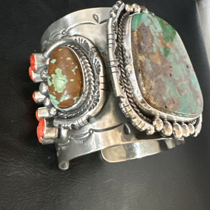 Navajo Green Royston Turquoise Spiny Oyster Cuff Bracelet | Sterling Silver | Authentic Native American Handmade | 15364
