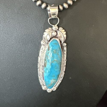 Navajo Kingman Turquoise Pendant Necklace | Sterling Silver Pearls | Authentic Native American Handmade | 15219