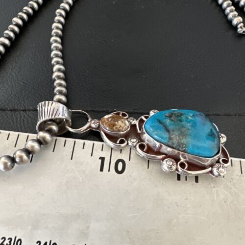 Navajo Blue Kingman Turquoise Wild Horse Necklace Pendant | Sterling Silver | Authentic Native American Handmade | 17221