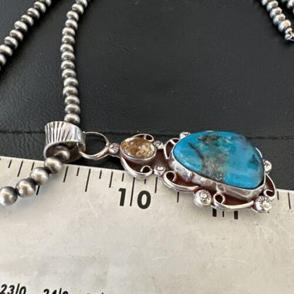 Navajo Blue Kingman Turquoise Wild Horse Necklace Pendant | Sterling Silver | Authentic Native American Handmade | 17221