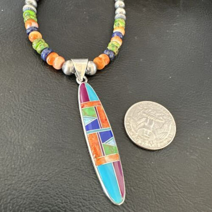 Navajo Lapis Spiny Oyster Turquoise Inlay Pendant Necklace | Sterling Silver | 21" | Authentic Native American Handmade | 16626