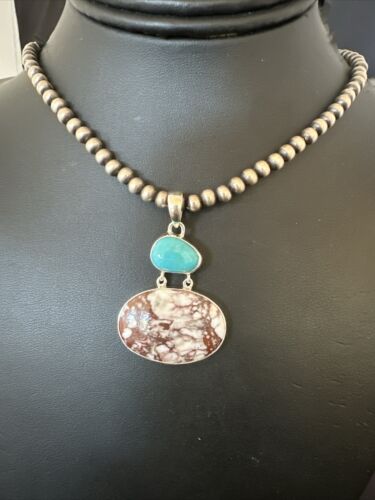 Navajo Wild Horse Blue Kingman Turquoise Necklace | Sterling Silver | Authentic Native American Handmade | 17308