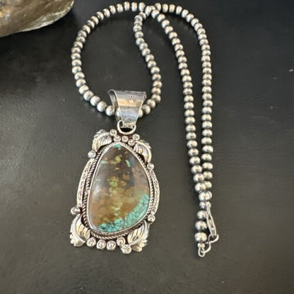 Men's Navajo Green Turquoise Pendant Necklace | Sterling Silver | Authentic Native American Handmade | 17528