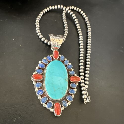 Navajo Blue Kingman Turquoise Coral Lapis Pendant Necklace | Sterling Silver | 17150