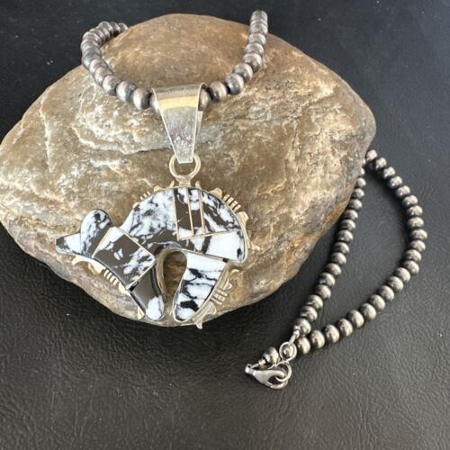 Navajo White Buffalo Turquoise Bear Inlay Pendant Necklace | Sterling Silver | Native American Handmade | 15247