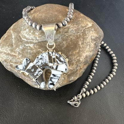 Navajo White Buffalo Turquoise Bear Inlay Pendant Necklace | Sterling Silver | Native American Handmade | 15247