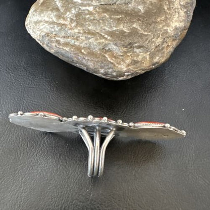 Navajo Red Spiny Oyster Cluster Ring | Authentic Native American Sterling Silver | Multi-Stone | Sz 8 | 16328