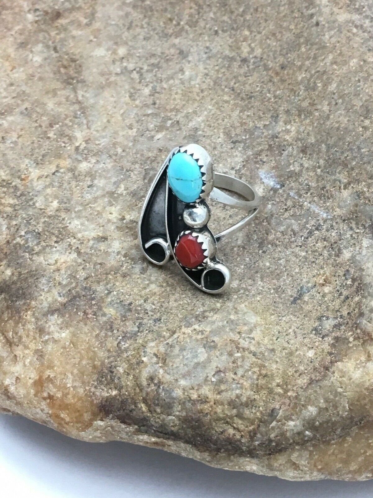 Navajo Blue Turquoise Coral Ring | Authentic Native American Sterling Silver | Multi-Stone | Sz 7 | 2807