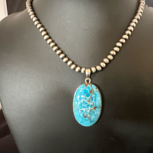 Navajo Blue Spiderweb Turquoise Pendant Necklace | Sterling Silver | Authentic Native American Handmade | 17015