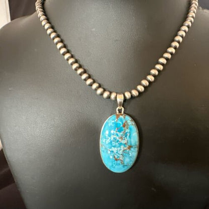 Navajo Blue Spiderweb Turquoise Pendant Necklace | Sterling Silver | Authentic Native American Handmade | 17015
