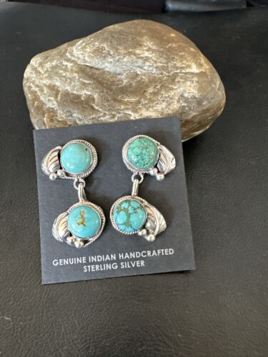 Navajo Blue Green Turquoise Dangle Earrings | Sterling Silver | 1.5" | Authentic Native American Handmade | 17389