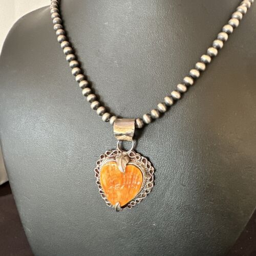 Navajo Orange Spiny Oyster Heart Pendant Necklace | Sterling Silver | Authentic Native American Handmade | 16295