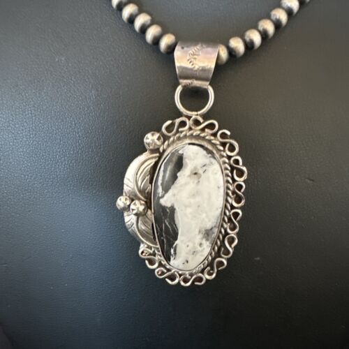 Navajo White Buffalo Turquoise Pendant Necklace | Sterling Silver | Authentic Native American Handmade | 15617