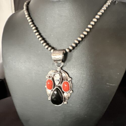 Navajo White Buffalo Coral Onyx Pearls Cluster Pendant | Sterling Silver | Native American Handmade | 15369