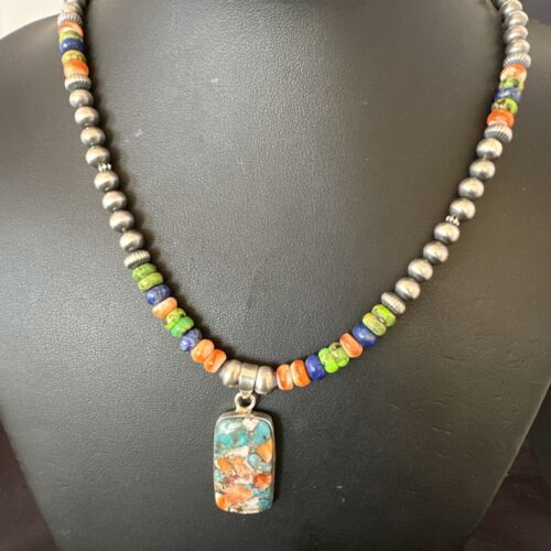 Navajo Spiny Oyster Turquoise Lapis Pendant Necklace | Sterling Silver | 21" | Authentic Native American Handmade | 16630