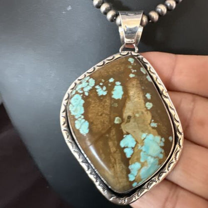 Navajo Blue Turquoise #8 Pendant | Sterling Silver Necklace with Pearls | Authentic Native American Handmade | 16349