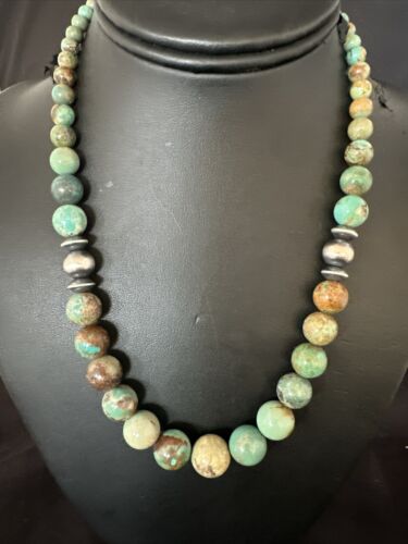 Navajo Green Turquoise Bead Necklace | Sterling Silver | Graduated | Authentic Native American | 18" | 17402