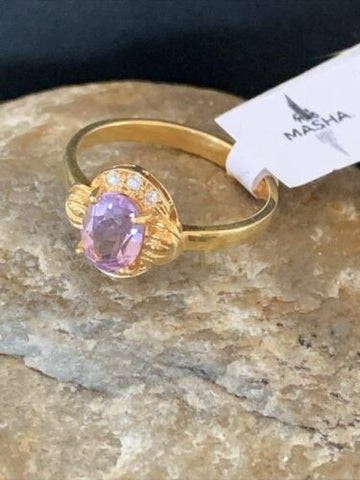 American Womens Gold Plated Purple Amethyst Sterling Silver Ring Set 9 01787