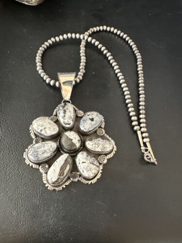 XL Cluster Navajo White Buffalo Turquoise Sterling Necklace Pendant | Multi-Stone | 14897