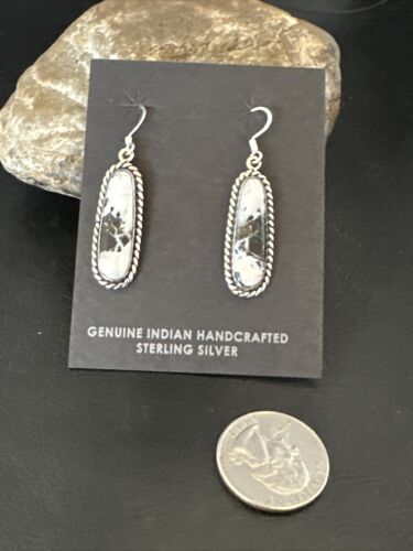 Navajo White Buffalo Turquoise Dangle Earrings | Sterling Silver | Authentic Native American Handmade | 16515