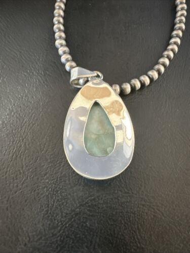 Navajo Blue Larimar Pendant Necklace | Sterling Silver Beads | Authentic Native American Handmade | 17567