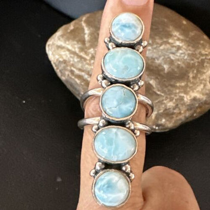 Navajo Blue Larimar Multi-Stone Ring | Authentic Native American Sterling Silver | Multi-Stone | Sz 8 | 15931