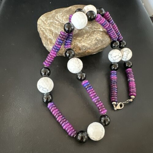 Navajo Purple Sugilite Onyx Howlite Bead Necklace | Sterling Silver | 25" | Authentic Native American Handmade | 16948