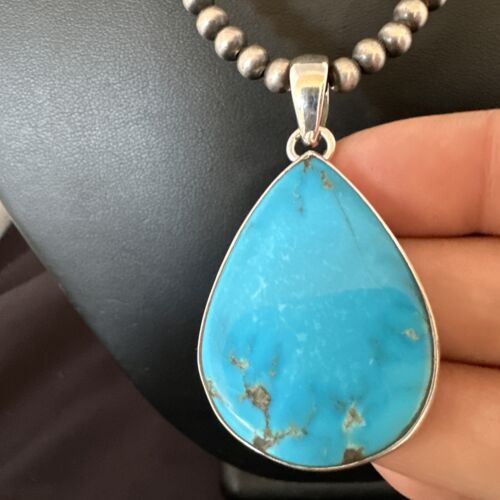 Navajo Blue Kingman Turquoise Pendant Necklace | Sterling Silver | 20" | Authentic Native American Handmade | 16725