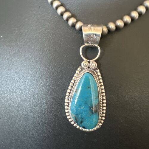 Navajo Pearls Kingman Turquoise Pendant Necklace | Sterling Silver | Authentic Native American Handmade | 17129