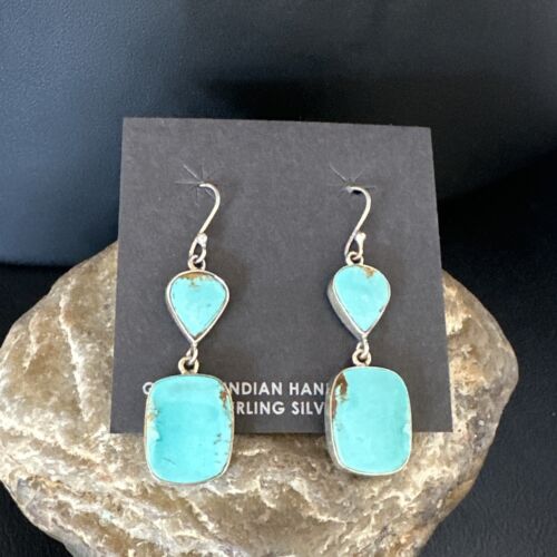 Navajo Blue Kingman Turquoise Dangle Earrings | Sterling Silver | Authentic Native American Handmade | 15116