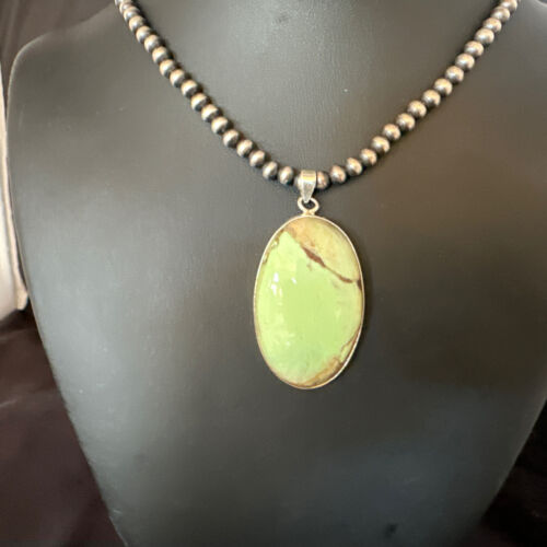 Navajo Green Gaspeite Pendant Necklace | Sterling Silver | Authentic Native American Handmade | 15484