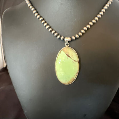 Navajo Green Gaspeite Pendant Necklace | Sterling Silver | Authentic Native American Handmade | 15484