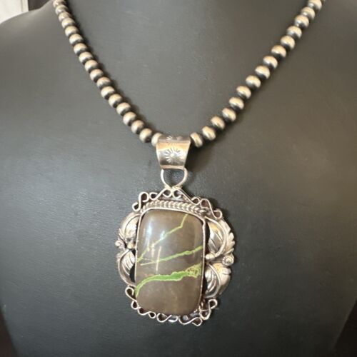 Navajo Green Boulder Turquoise Necklace Pendant | Sterling Silver | Men's Women's | 16134
