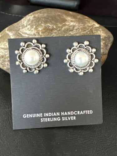 Navajo White Pearl Post Stud Earrings | Sterling Silver | Authentic Native American Handmade | 15329