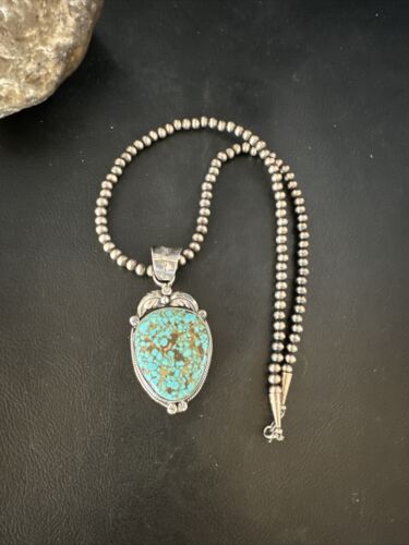 Navajo Pearls Sterling Silver Necklace with Blue Turquoise #8 Pendant | Authentic Native American Handmade | 14855